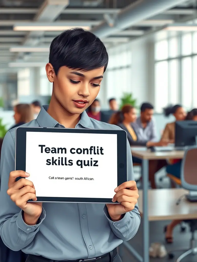 A person interacting with a team conflict quiz on a tablet, with a background showing diverse South African professionals collaborating in a modern office.