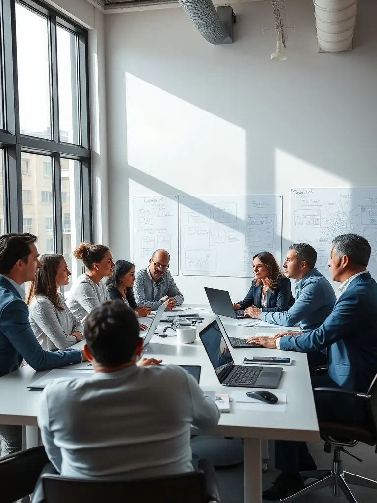 A diverse team of South African professionals engaged in a lively brainstorming session, showcasing collaboration and innovative problem-solving in a modern office setting.