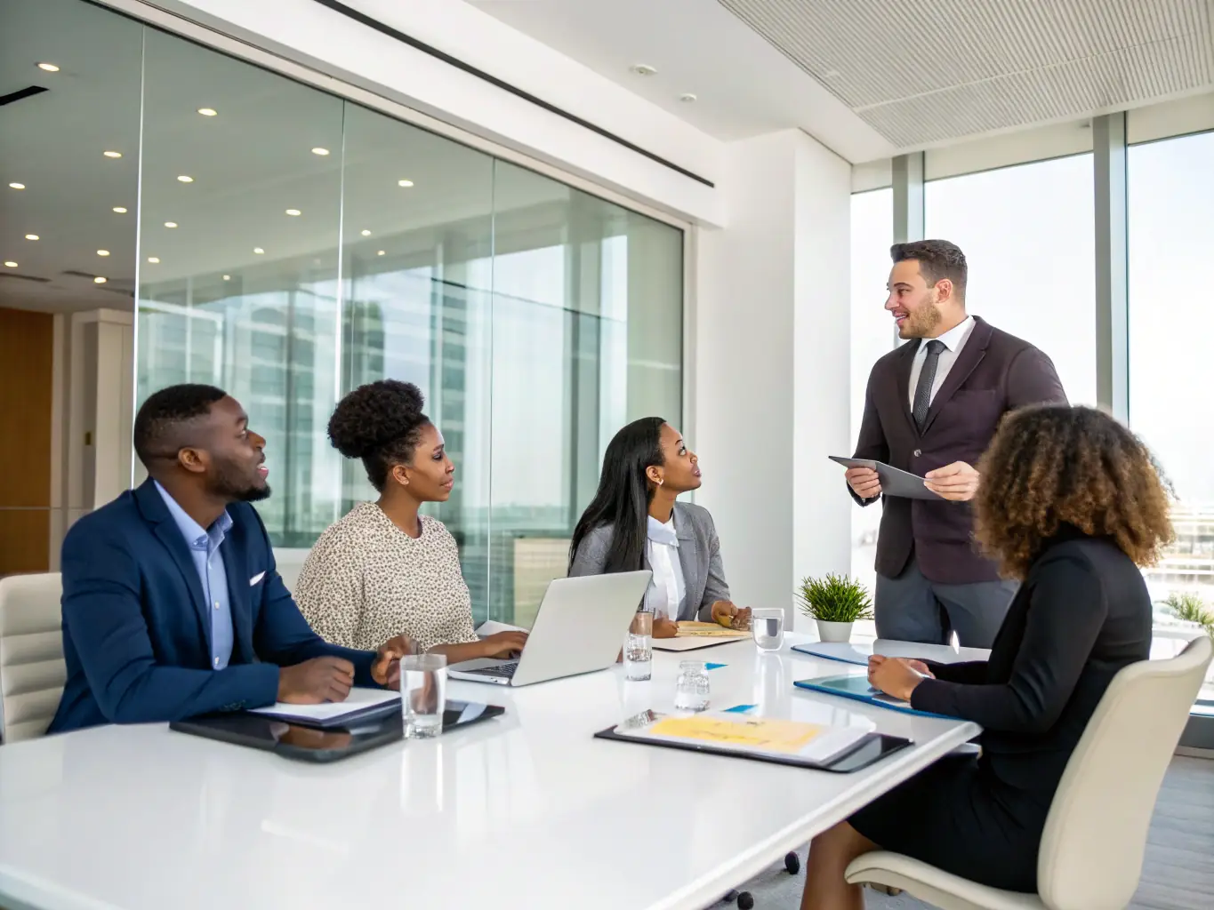 An image of a business coach mediating a discussion between team members in a modern office setting, emphasizing collaboration and understanding.