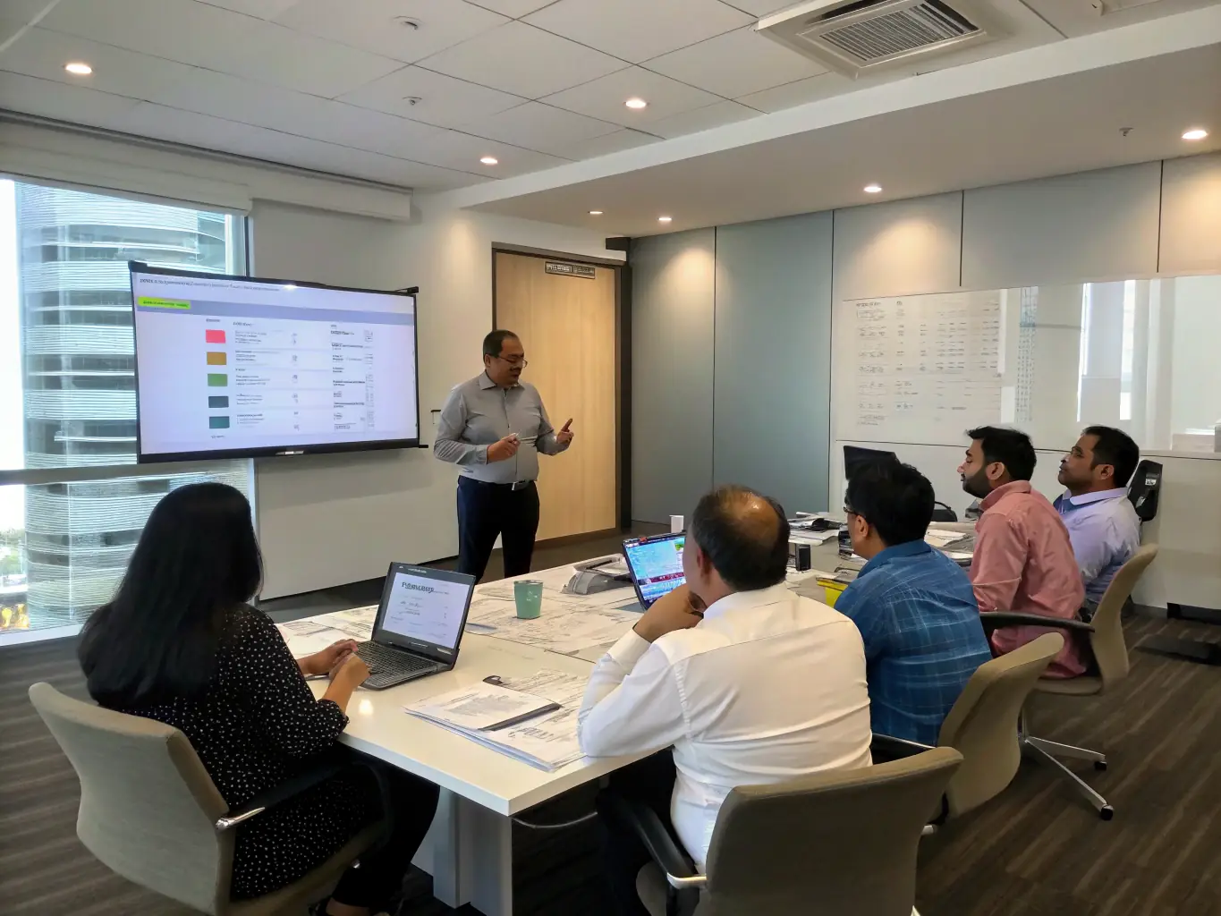 A coach mentoring a group of emerging leaders in a conference room, highlighting leadership development and strategic thinking.