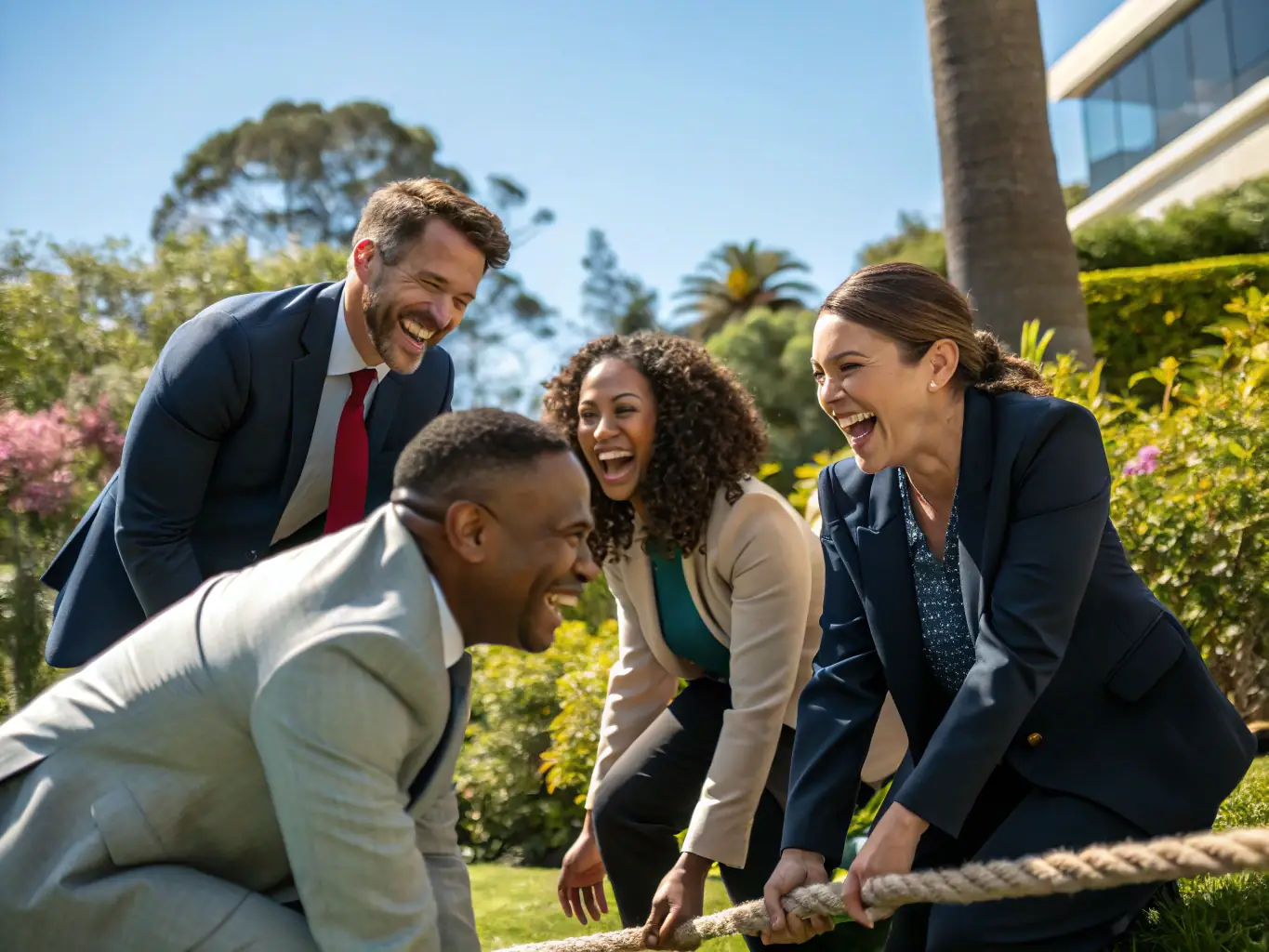 A group of diverse professionals participating in a team-building activity outdoors, showcasing collaboration and team spirit.
